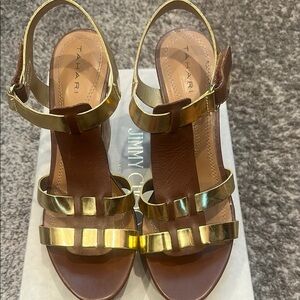 Tahari Brown and Gold Chunky Heel Sandals